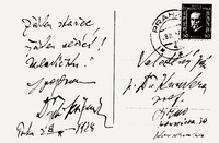 Postal enviada a Ludvík Kundera quien, después del estreno de la "Misa glagolítica", publicó una crítica con la declaración "Viejo Janáček, persona firmemente creyente". Janáček le escribió como respuesta: "¡Nada de viejo, nada de creyente! ¡Jovenzuelo! Un saludo, Drph. Leoš Janáček, Praga, 28.2.1928.". © Museo Regional Moravo